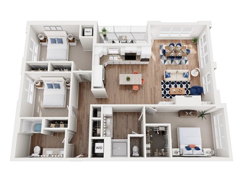 Floor plan for 3 beds, 2 baths, 1491 sqft